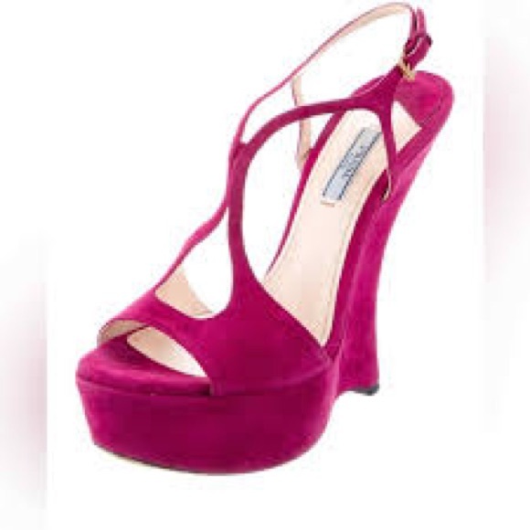 ‼️AUTHENTIC‼️PRADA Suede Magenta Open Toe Wedges 38.5